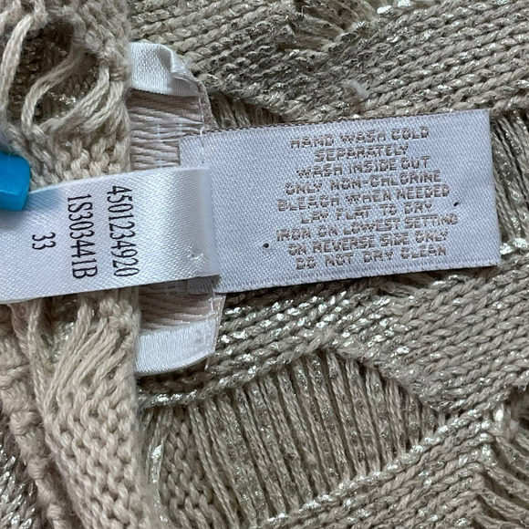 Chico's Short Sleeve Sweater Gold Shimmer Metallic Loose Knit 100% Cotton | 2 - Picture 7 of 11